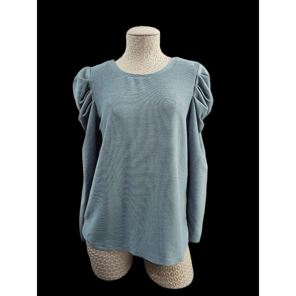 NINE WEST Petite Large Poof Sleeve Ribbed Blouse Shirt Top Women's Steel‎ Gray